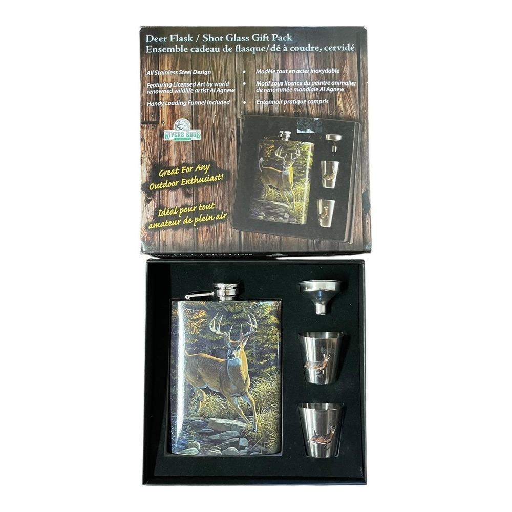 Rivers Edge‎ Products Deer Flask & Shot Glass Gift Set 7oz Stainless Steel Al